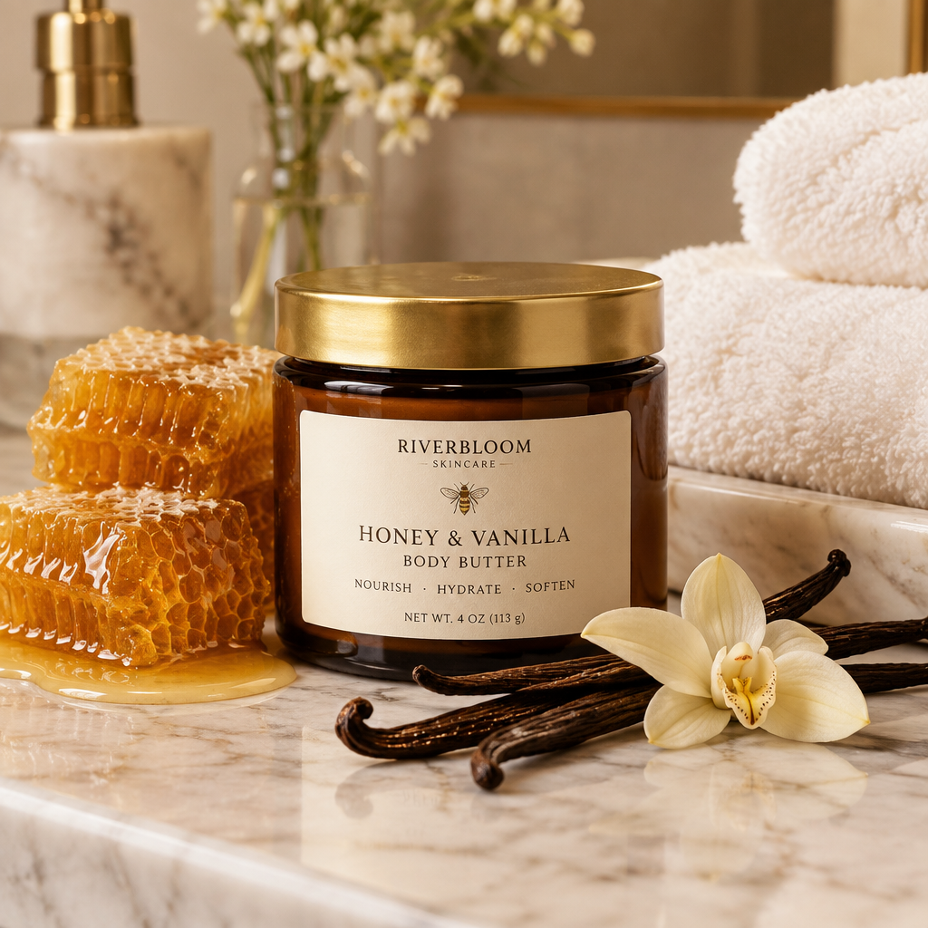 Honey & Vanilla Body Butter in an amber glass jar on a marble bathroom counter