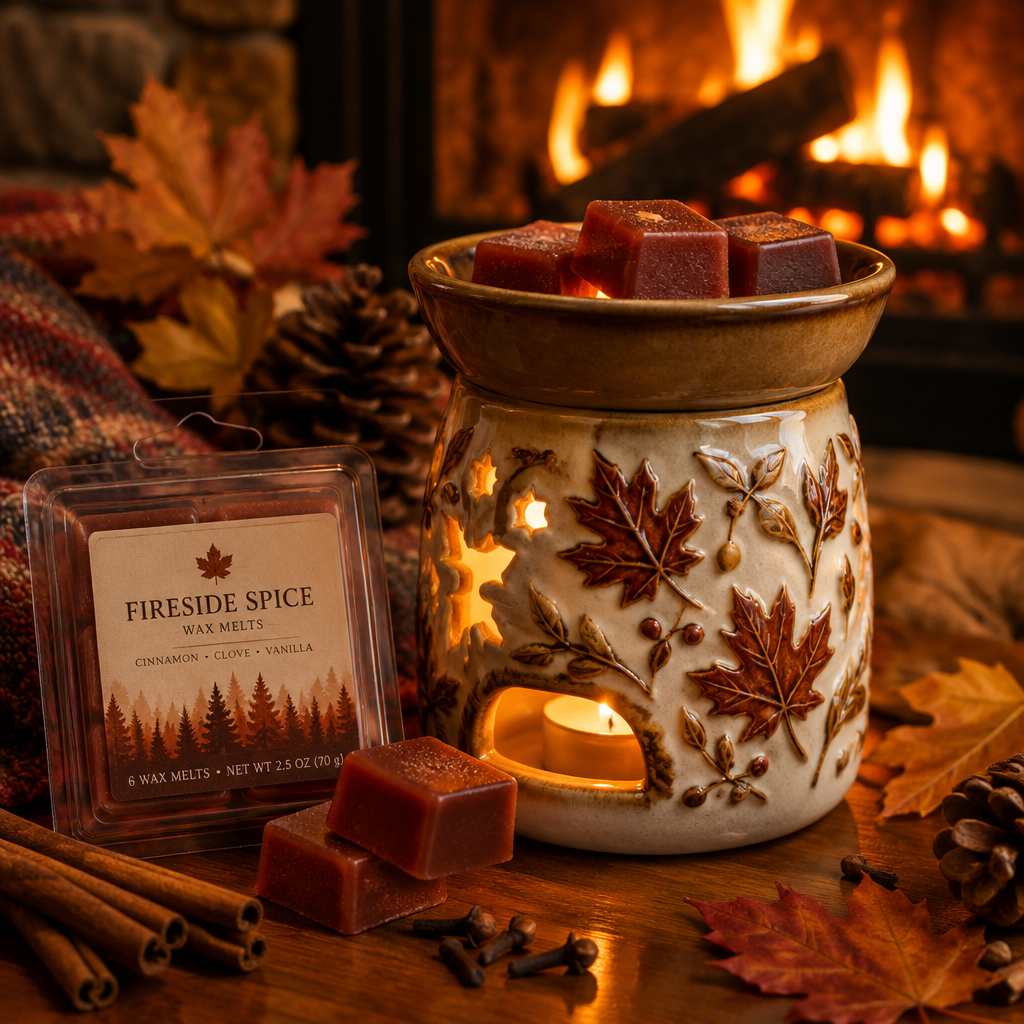 Fireside Spice Wax Melts in a ceramic dish warmer near a crackling fireplace