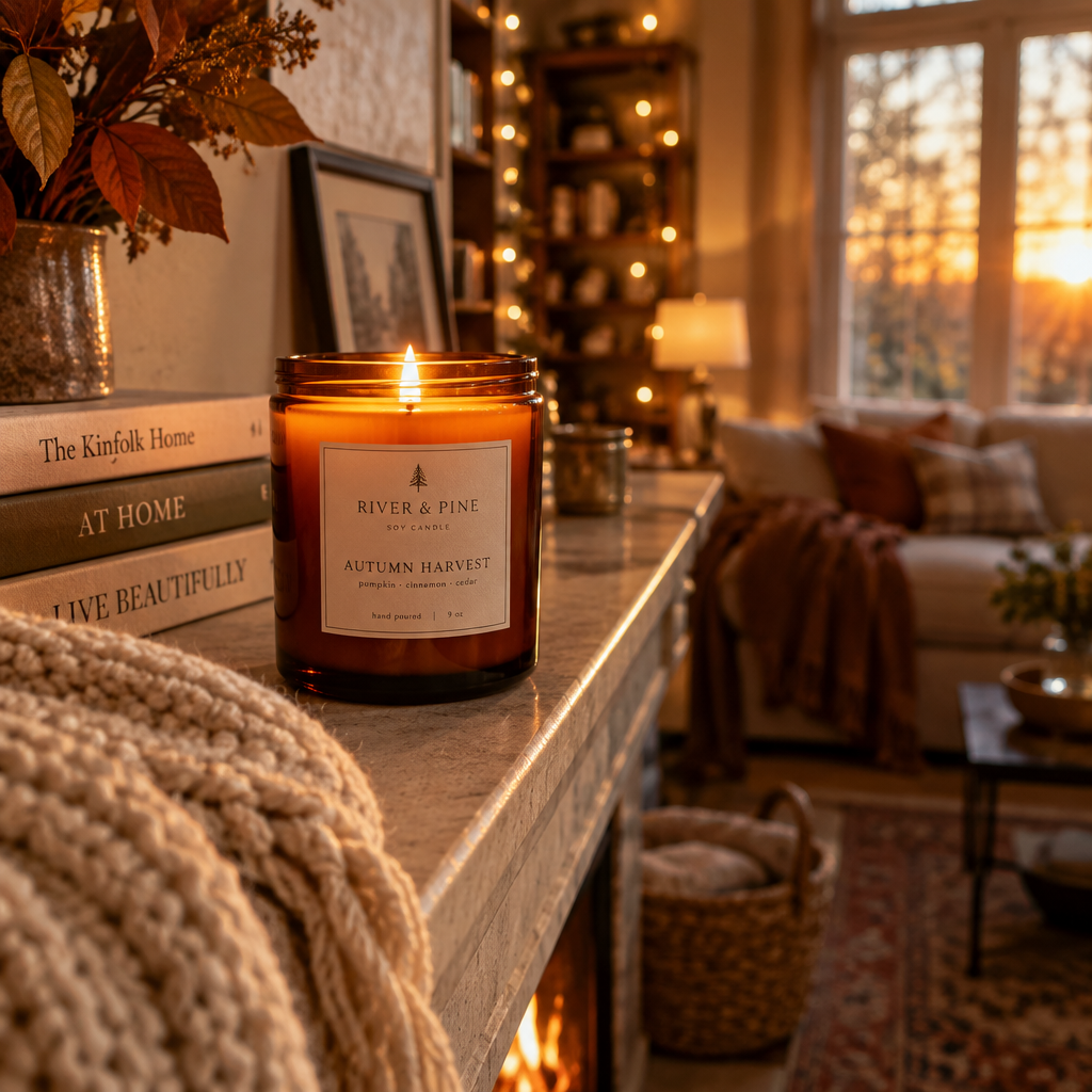 Cedar & Smoke Soy Candle glowing warmly on a fireplace mantle in a cozy living room setting
