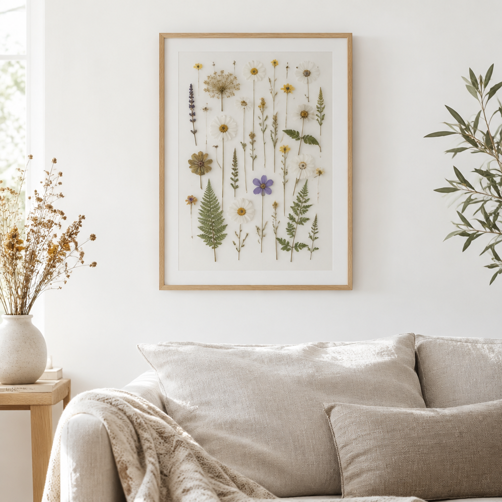 Wildflower Pressed Botanical Print in a light oak frame on a white wall