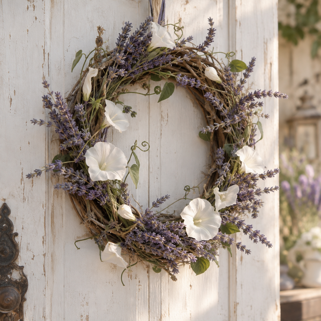 Dried Lavender & Moonflower Wreath hanging on a rustic white wooden door