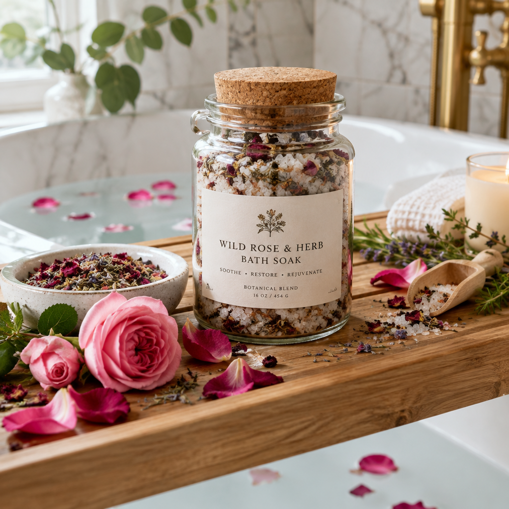 Wild Rose & Herb Bath Soak in a glass jar surrounded by rose petals and herbs