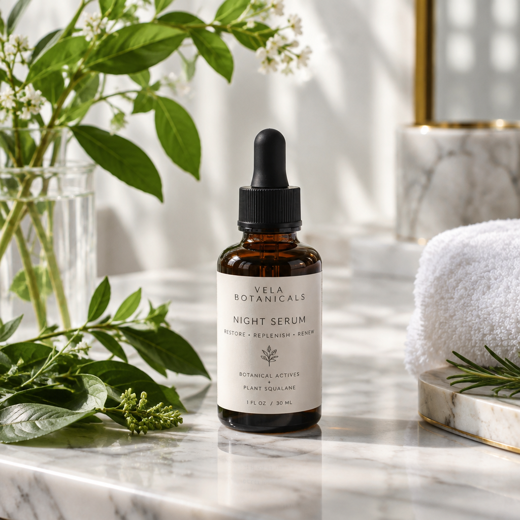 Botanical Night Serum in a dark amber dropper bottle on a marble vanity with fresh botanicals