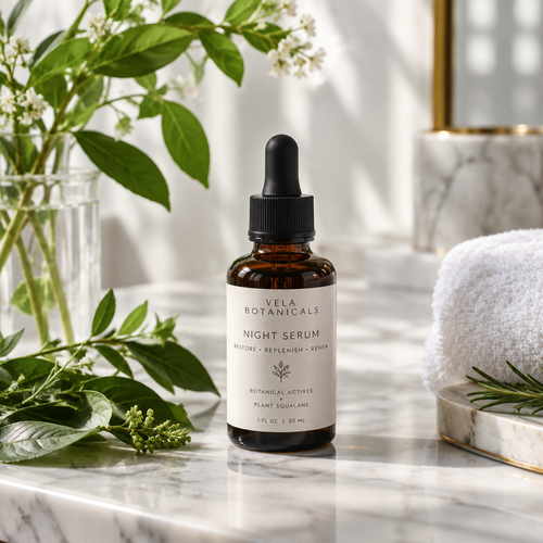 Botanical Night Serum in a dark amber dropper bottle on a marble vanity with fresh botanicals