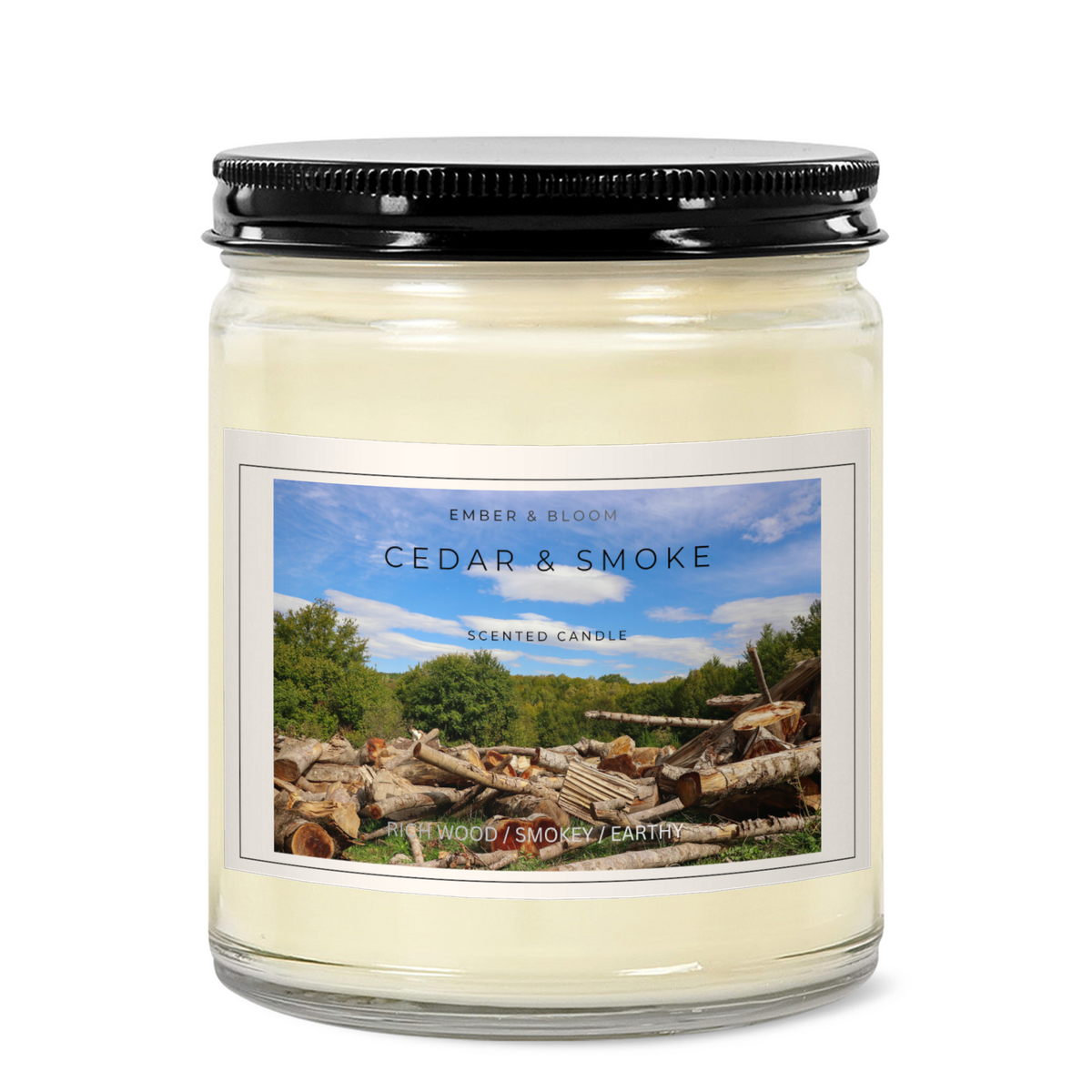 EMBER & BLOOM, CEDAR & SMOKE, 9oz Clear Jar Candle