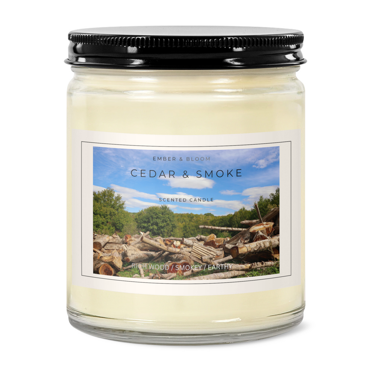 EMBER & BLOOM, CEDAR & SMOKE, 9oz Clear Jar Candle