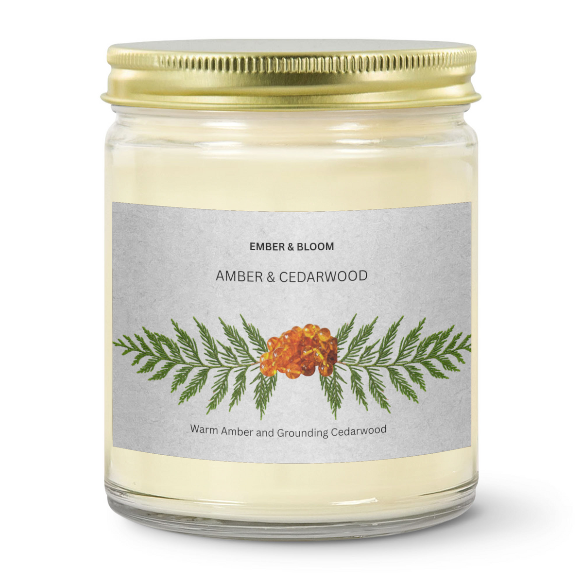 EMBER & BLOOM,  AMBER & CEDARWOOD, 9oz Clear Jar Candle