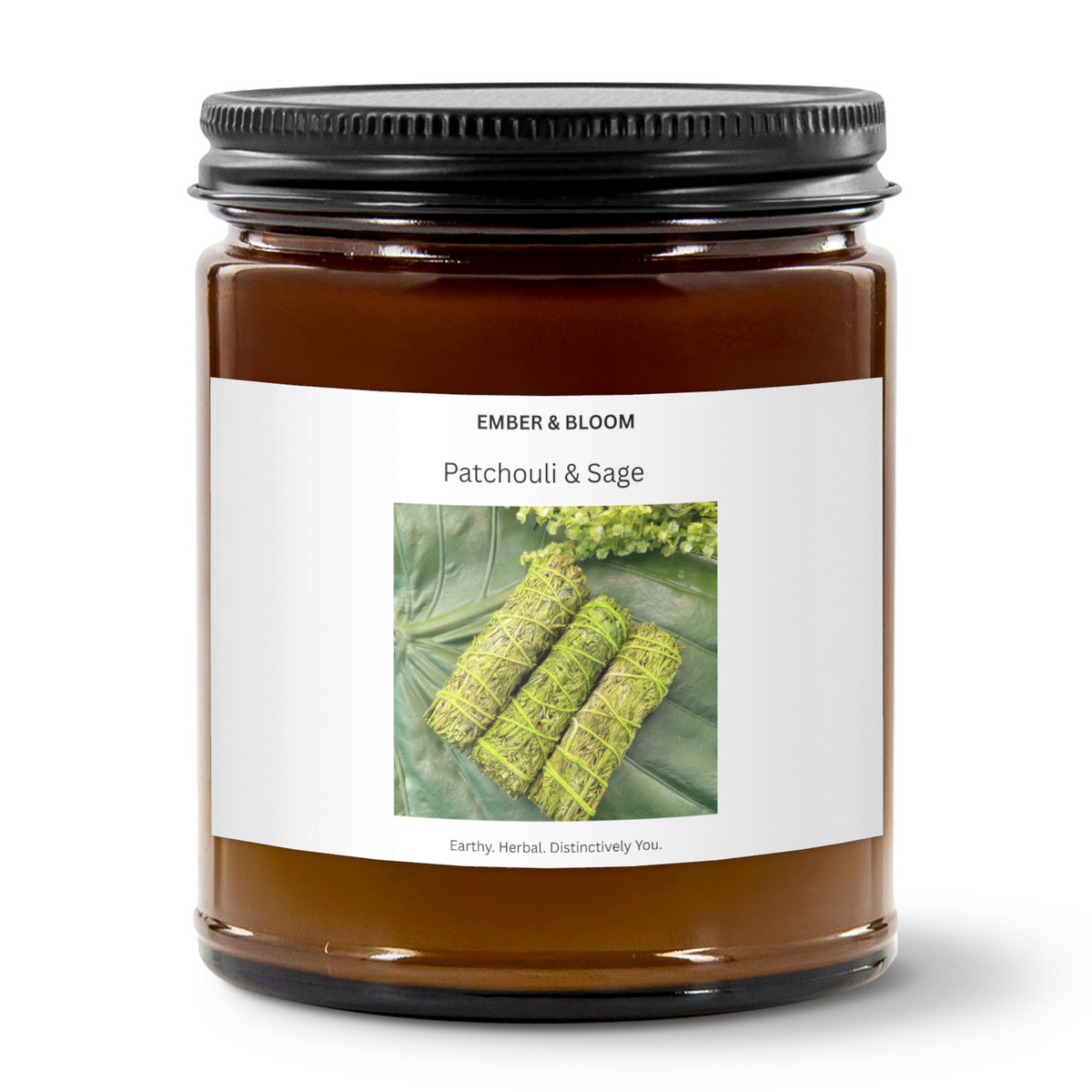 Ember & Bloom , PATCHOULI & SAGE, Amber Jar Soy Candle, 9 oz