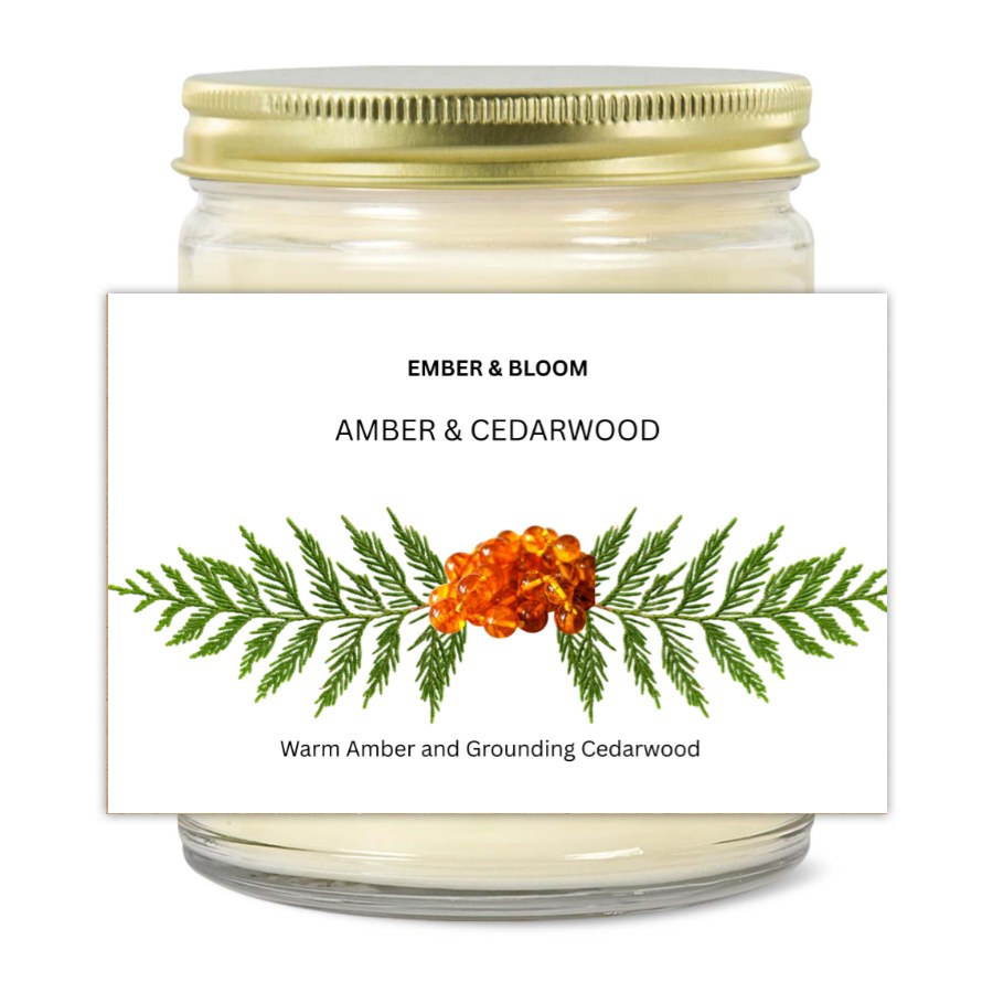 EMBER & BLOOM,  AMBER & CEDARWOOD, 9oz Clear Jar Candle