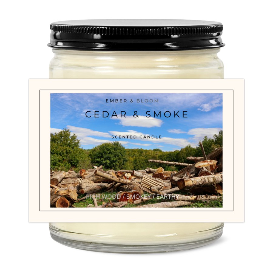 EMBER & BLOOM, CEDAR & SMOKE, 9oz Clear Jar Candle